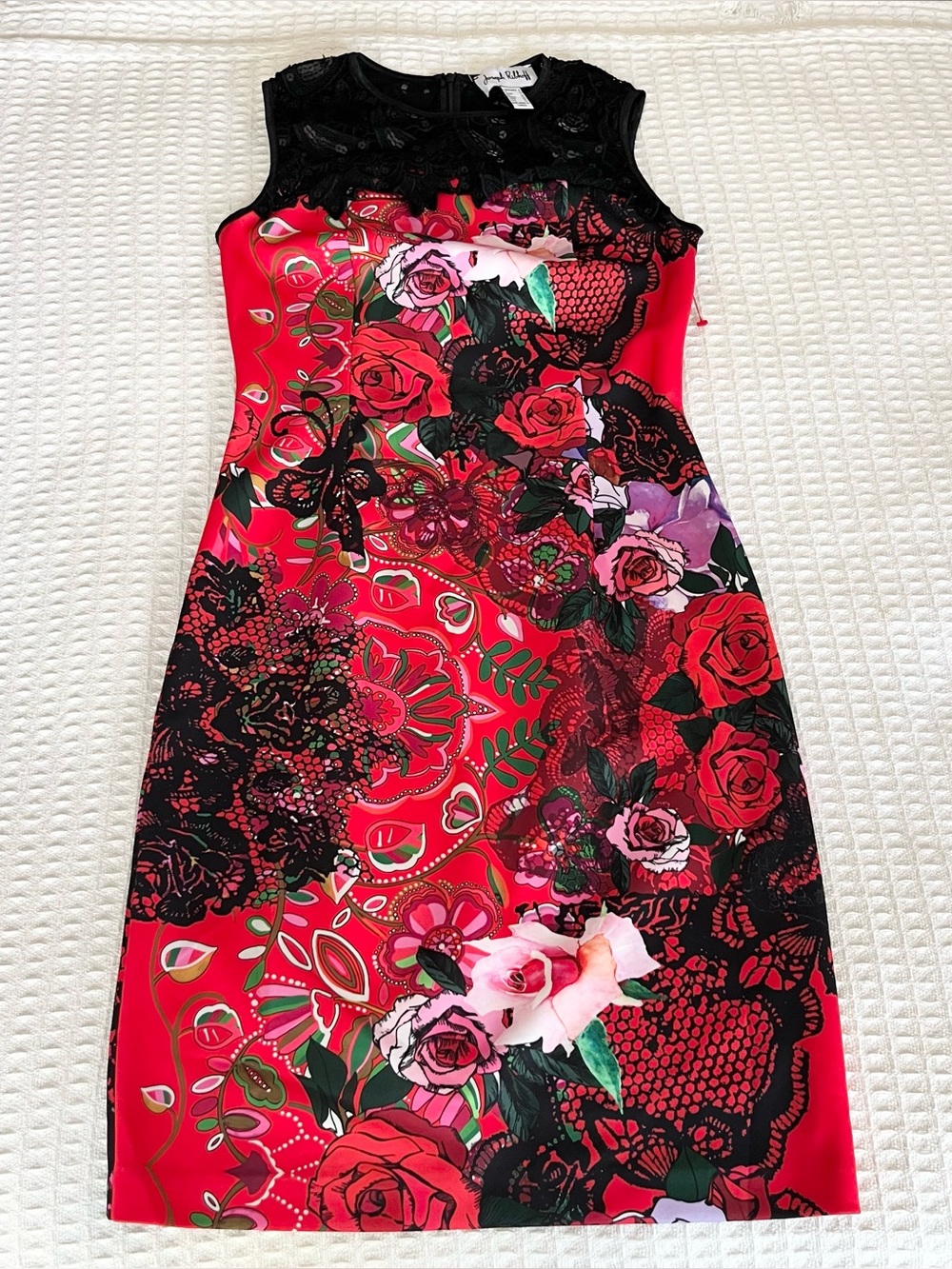 Joseph Ribkoff Red and Black Floral Lace-Trim Midi Dress size 8